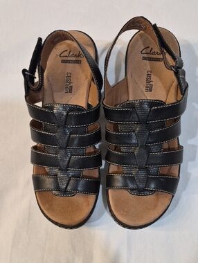 Clarks Black Multi-Strap Leather Slingback Sandals